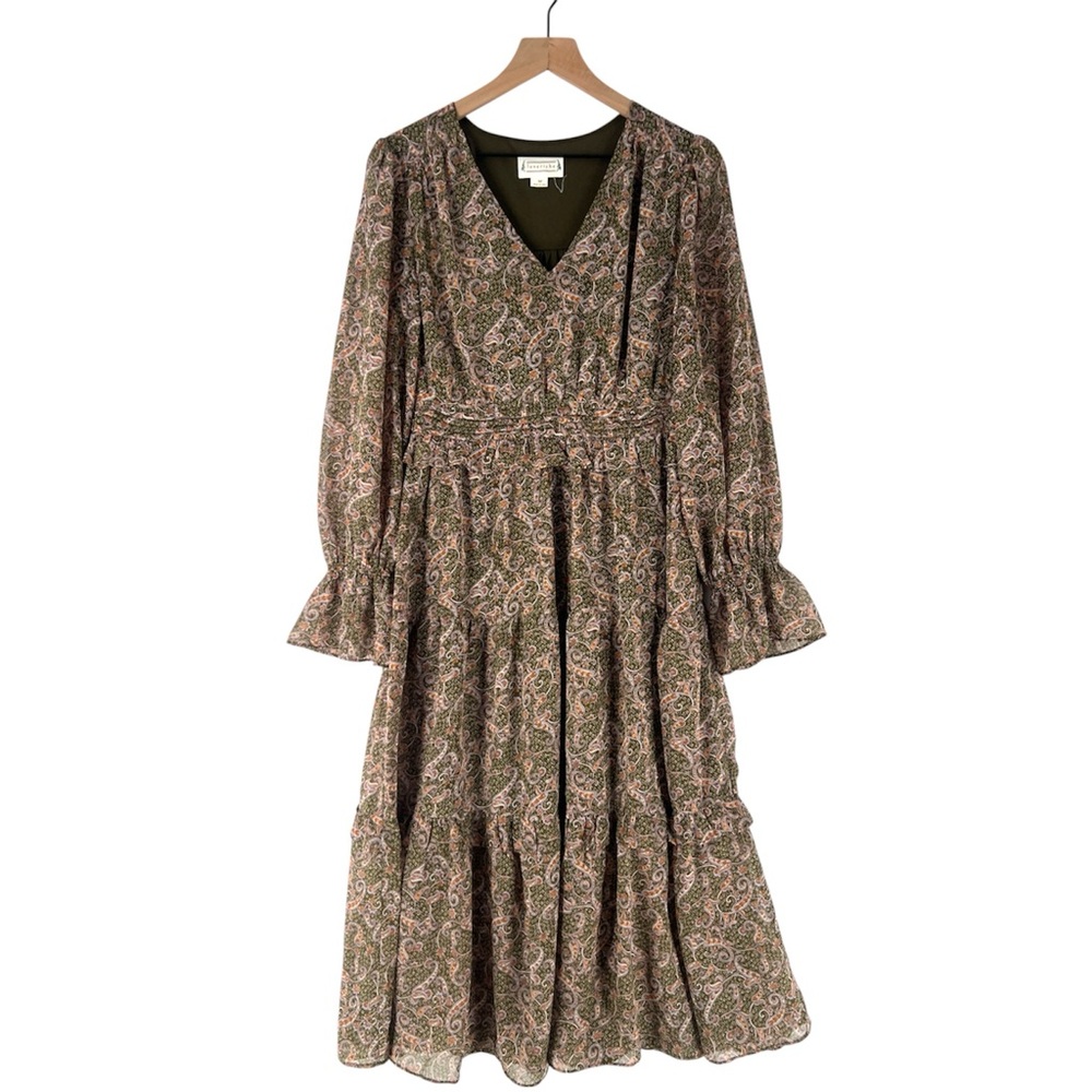 Love Riche Chiffon Olive Paisley Ruffle Long Sleeve Peasant Tiered Maxi Dress M